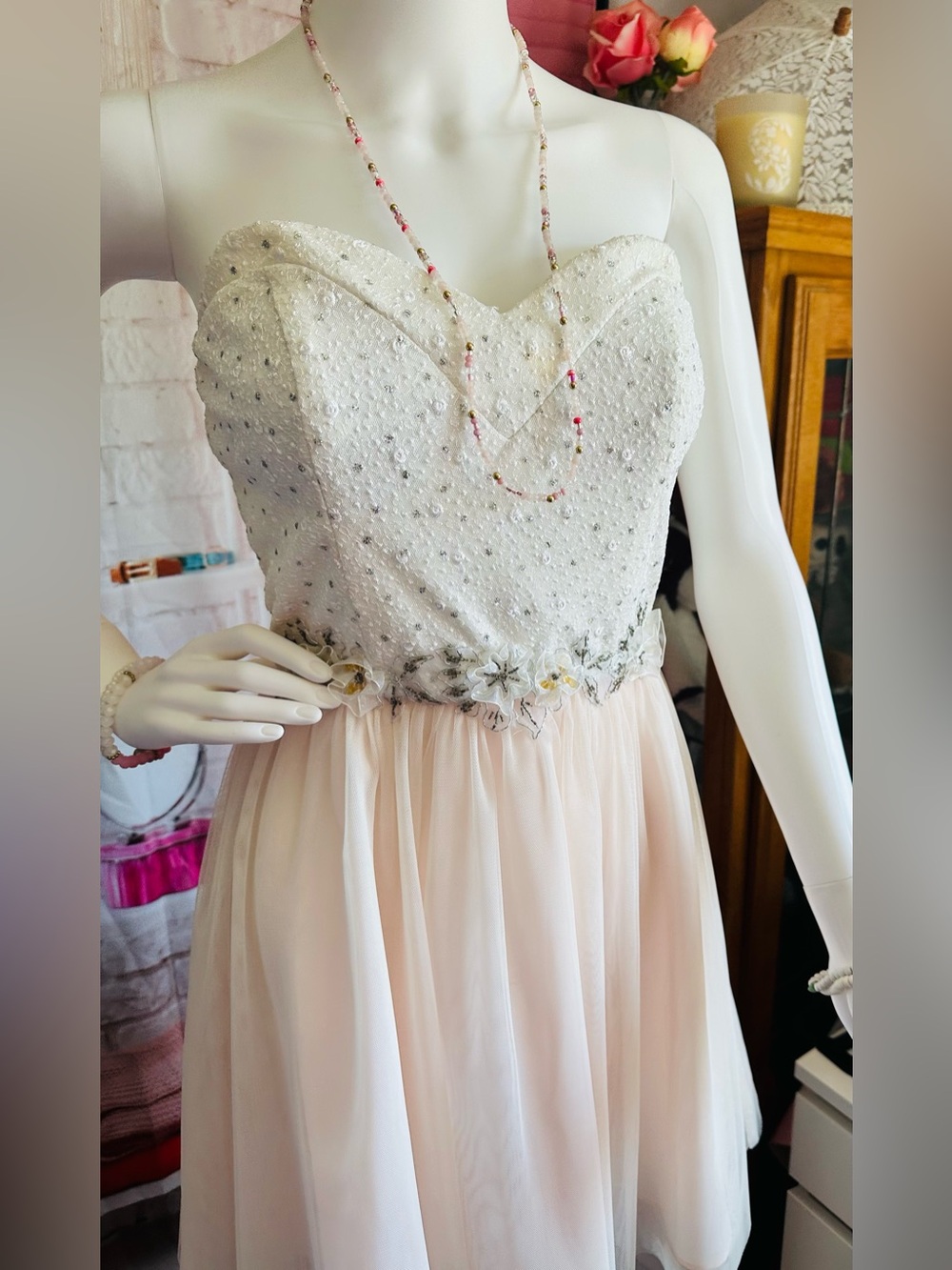 Masquerade Ivory and Pale Pink Beaded Party Dress - Picture 2 of 9